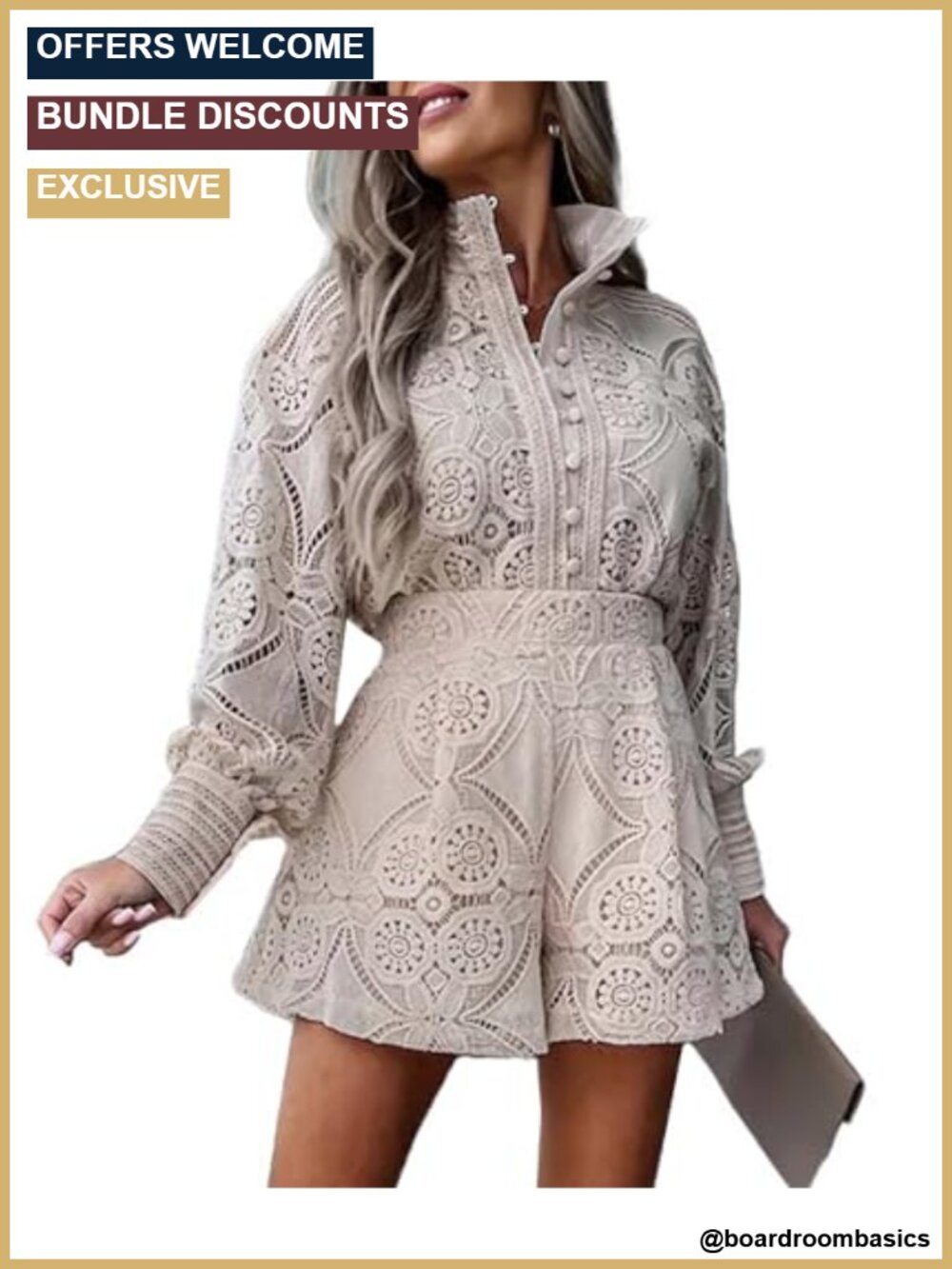 Eyelet Lace 2 Piece Blouse & Shorts Set Long Sleeve Button Down